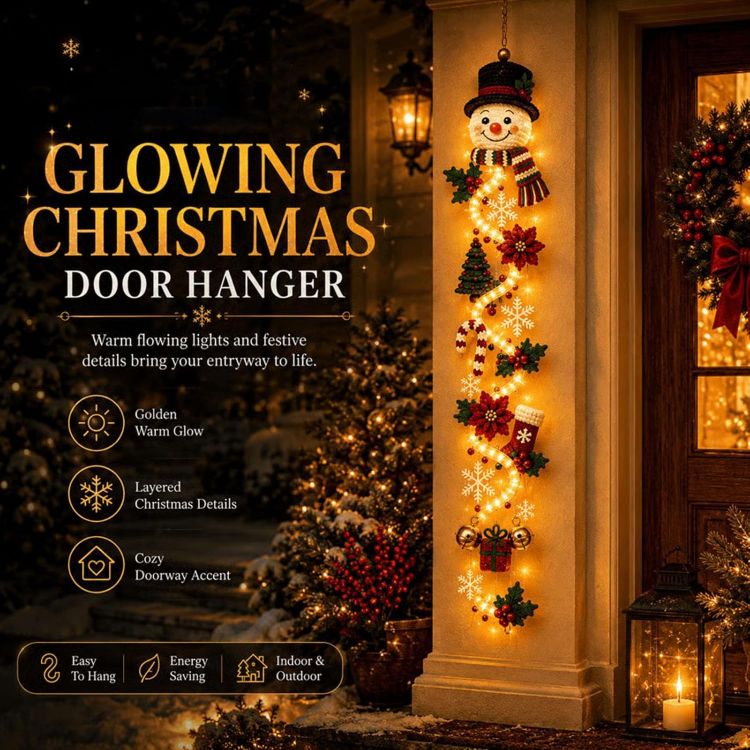 Picture of Glowing Christmas Door Hanger, 6 Festive Lighted Designs with Warm Glow Rustic Quilted Fabric Wreath with Snowman, Santa & Reindeer Lights, Indoor Outdoor Doors Walls Christmas Mantel Decor