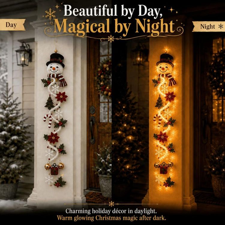 Picture of Glowing Christmas Door Hanger, 6 Festive Lighted Designs with Warm Glow Rustic Quilted Fabric Wreath with Snowman, Santa & Reindeer Lights, Indoor Outdoor Doors Walls Christmas Mantel Decor