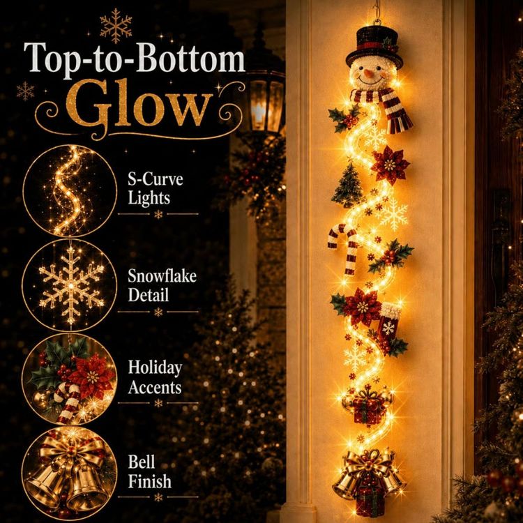 Picture of Glowing Christmas Door Hanger, 6 Festive Lighted Designs with Warm Glow Rustic Quilted Fabric Wreath with Snowman, Santa & Reindeer Lights, Indoor Outdoor Doors Walls Christmas Mantel Decor