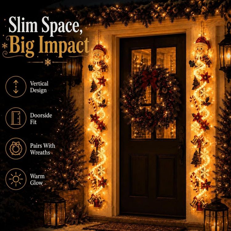 Picture of Glowing Christmas Door Hanger, 6 Festive Lighted Designs with Warm Glow Rustic Quilted Fabric Wreath with Snowman, Santa & Reindeer Lights, Indoor Outdoor Doors Walls Christmas Mantel Decor