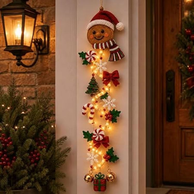 Picture of Glowing Christmas Door Hanger, 6 Festive Lighted Designs with Warm Glow Rustic Quilted Fabric Wreath with Snowman, Santa & Reindeer Lights, Indoor Outdoor Doors Walls Christmas Mantel Decor