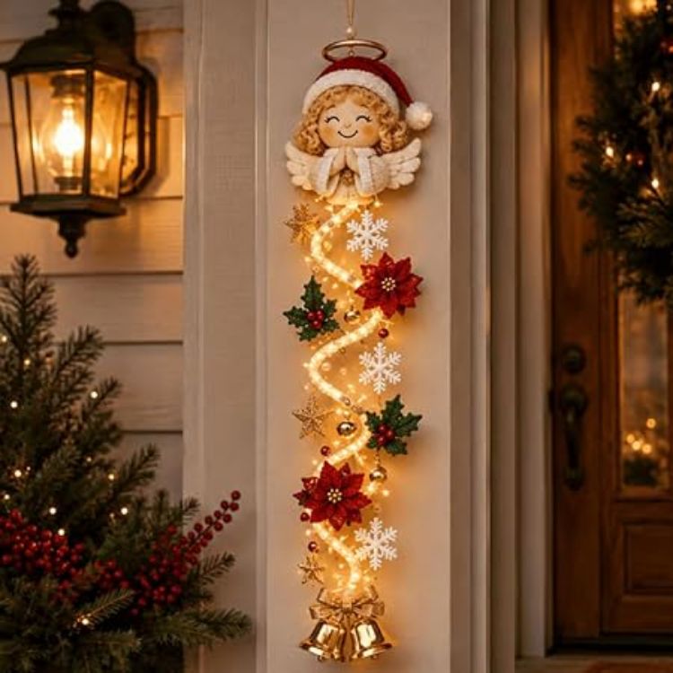 Picture of Glowing Christmas Door Hanger, 6 Festive Lighted Designs with Warm Glow Rustic Quilted Fabric Wreath with Snowman, Santa & Reindeer Lights, Indoor Outdoor Doors Walls Christmas Mantel Decor