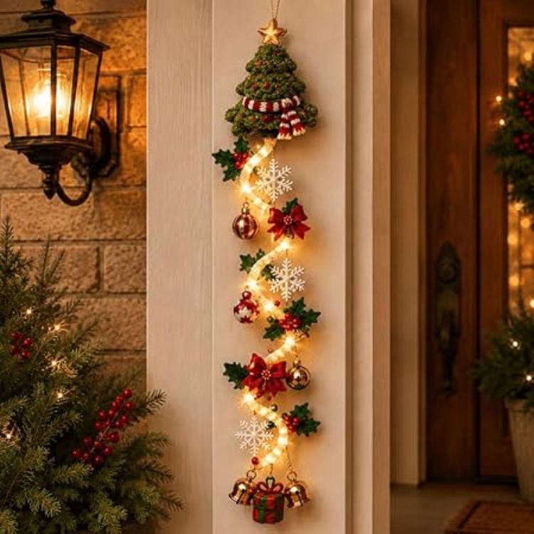 Picture of Glowing Christmas Door Hanger, 6 Festive Lighted Designs with Warm Glow Rustic Quilted Fabric Wreath with Snowman, Santa & Reindeer Lights, Indoor Outdoor Doors Walls Christmas Mantel Decor