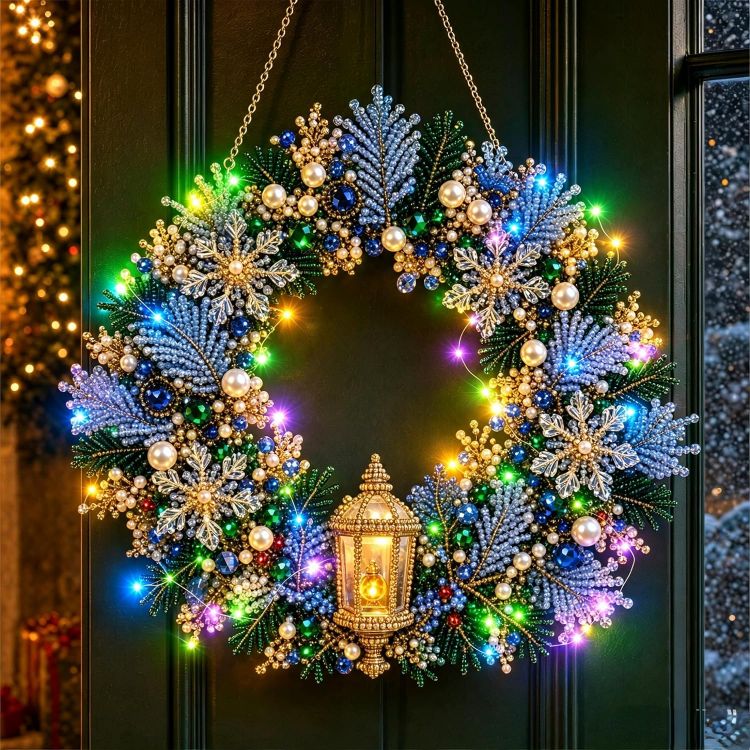 Picture of Christmas Pearl Diamond Art Hanging Ornament Kit with Colored Lights Lighted Christmas Pearl Diamond Arts Window Sun Catchers, Santa Pearls Bead Painting Kit for Home Wall Christmas Tree Decor