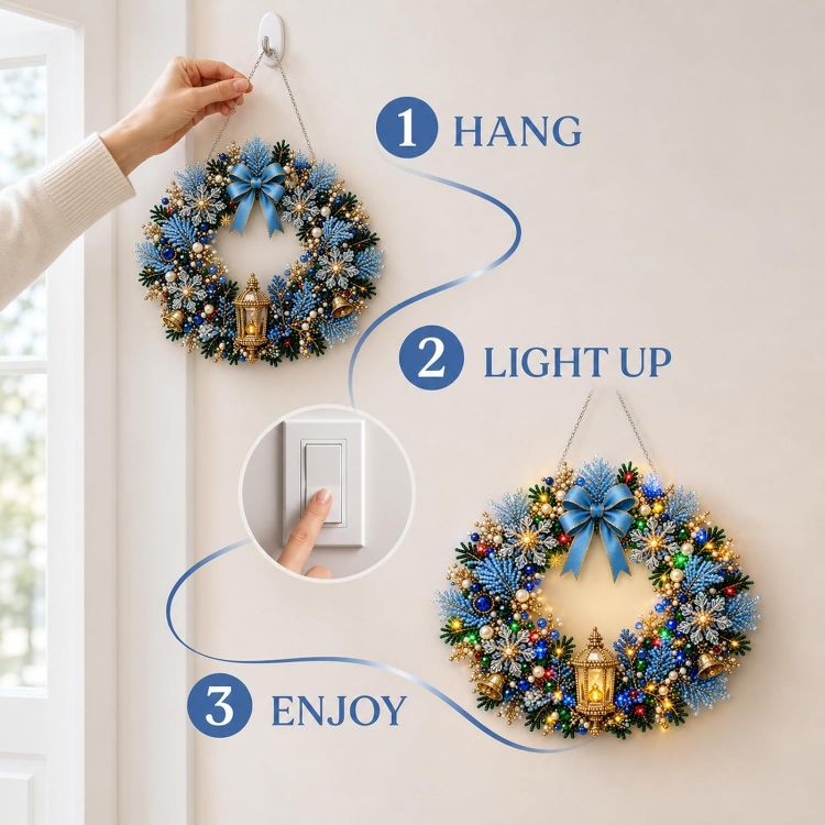 Picture of Christmas Pearl Diamond Art Hanging Ornament Kit with Colored Lights Lighted Christmas Pearl Diamond Arts Window Sun Catchers, Santa Pearls Bead Painting Kit for Home Wall Christmas Tree Decor