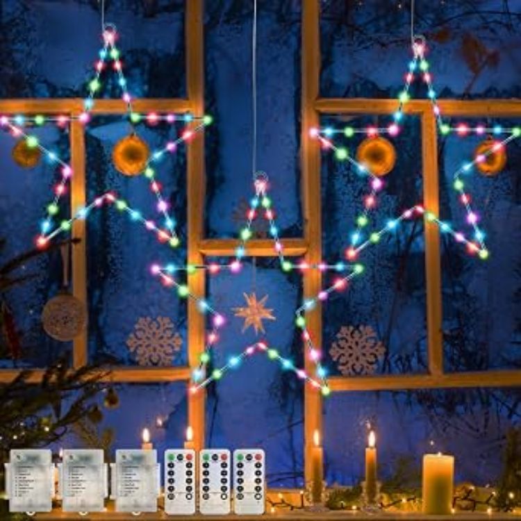 Picture of Christmas Window Lights 3 Packs Battery Operated Star Christmas Lights with 8 Modes & Remote 45 LED Window Warm Light for Party Indoor Outdoor Window Xmas Decoration
