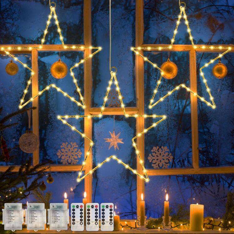 Picture of Christmas Window Lights 3 Packs Battery Operated Star Christmas Lights with 8 Modes & Remote 45 LED Window Warm Light for Party Indoor Outdoor Window Xmas Decoration