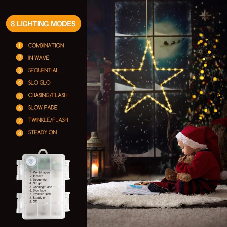 Picture of Christmas Window Lights 3 Packs Battery Operated Star Christmas Lights with 8 Modes & Remote 45 LED Window Warm Light for Party Indoor Outdoor Window Xmas Decoration