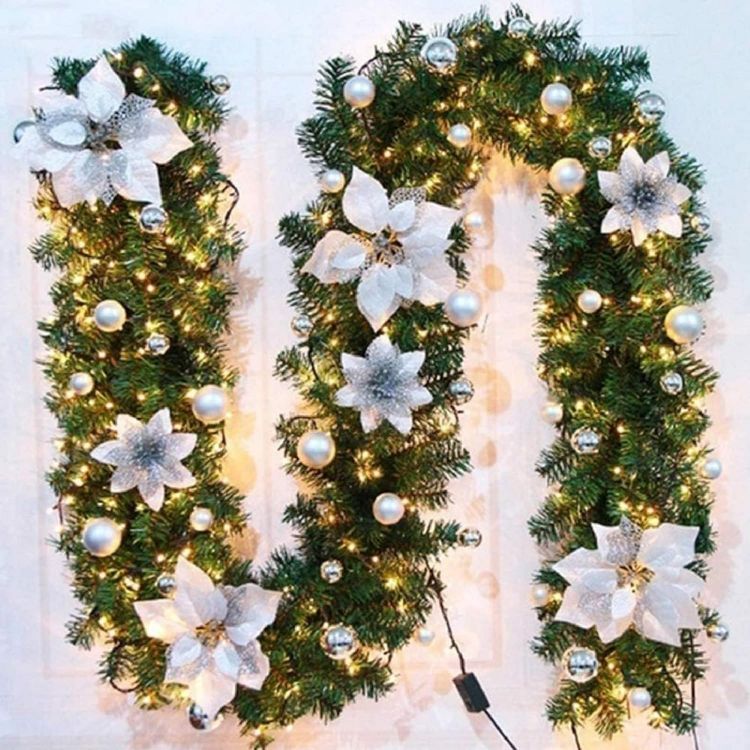 Picture of Christmas garland,christmas garland with lights,2.7M/ 9FT Christmas Garland Decorations Illuminated with LED Lights,for Stairs Fireplaces Christmas Festive Wreath Xmas Decor (Silver White)