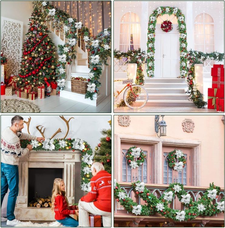 Picture of Christmas garland,christmas garland with lights,2.7M/ 9FT Christmas Garland Decorations Illuminated with LED Lights,for Stairs Fireplaces Christmas Festive Wreath Xmas Decor (Silver White)