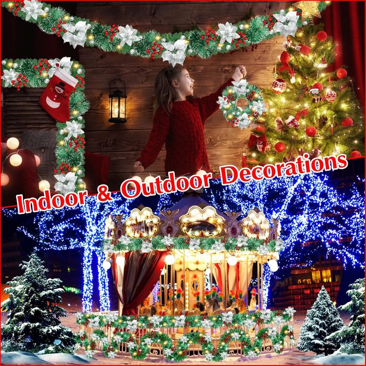 Picture of Christmas garland,christmas garland with lights,2.7M/ 9FT Christmas Garland Decorations Illuminated with LED Lights,for Stairs Fireplaces Christmas Festive Wreath Xmas Decor (Silver White)