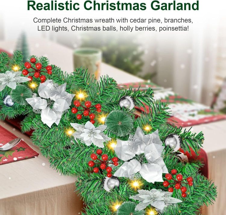 Picture of Christmas garland,christmas garland with lights,2.7M/ 9FT Christmas Garland Decorations Illuminated with LED Lights,for Stairs Fireplaces Christmas Festive Wreath Xmas Decor (Silver White)