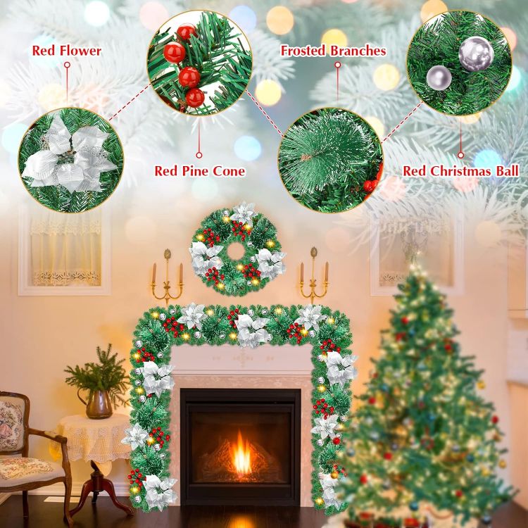 Picture of Christmas garland,christmas garland with lights,2.7M/ 9FT Christmas Garland Decorations Illuminated with LED Lights,for Stairs Fireplaces Christmas Festive Wreath Xmas Decor (Silver White)