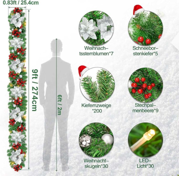 Picture of Christmas garland,christmas garland with lights,2.7M/ 9FT Christmas Garland Decorations Illuminated with LED Lights,for Stairs Fireplaces Christmas Festive Wreath Xmas Decor (Silver White)
