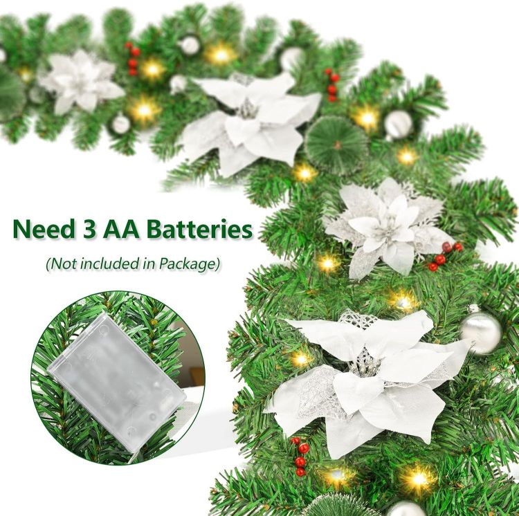 Picture of Christmas garland,christmas garland with lights,2.7M/ 9FT Christmas Garland Decorations Illuminated with LED Lights,for Stairs Fireplaces Christmas Festive Wreath Xmas Decor (Silver White)