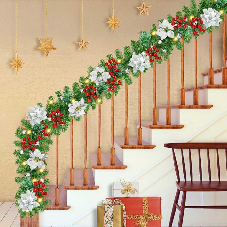 Picture of Christmas garland,christmas garland with lights,2.7M/ 9FT Christmas Garland Decorations Illuminated with LED Lights,for Stairs Fireplaces Christmas Festive Wreath Xmas Decor (Silver White)