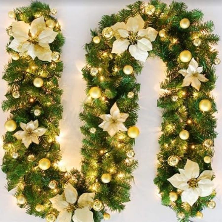 Picture of Christmas garland,christmas garland with lights,2.7M/ 9FT Christmas Garland Decorations Illuminated with LED Lights,for Stairs Fireplaces Christmas Festive Wreath Xmas Decor (Silver White)