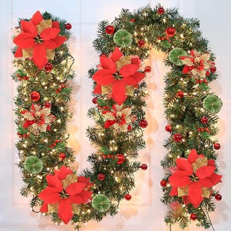 Picture of Christmas garland,christmas garland with lights,2.7M/ 9FT Christmas Garland Decorations Illuminated with LED Lights,for Stairs Fireplaces Christmas Festive Wreath Xmas Decor (Silver White)