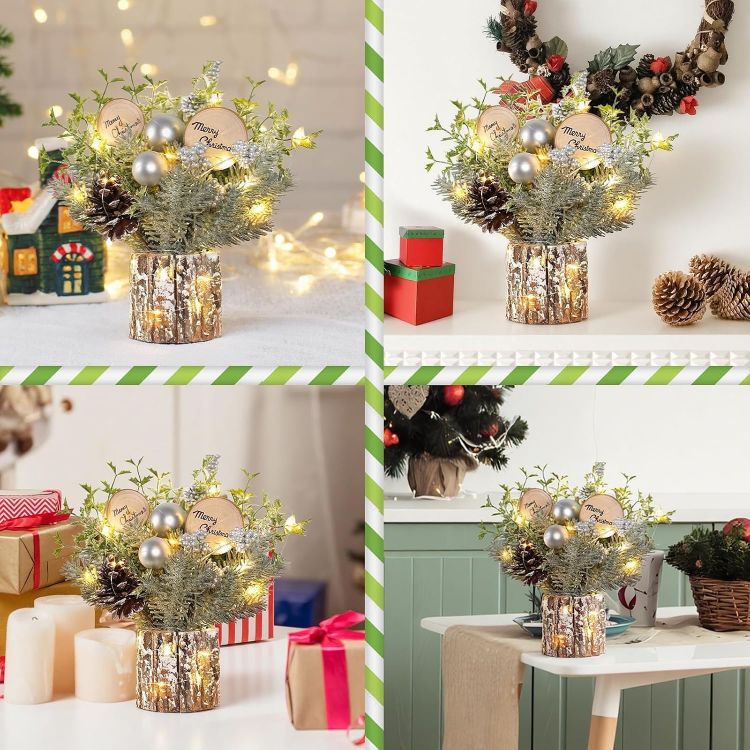 Picture of Mini Christmas Tree with Warm-White LED Lights, Artificial Small Xmas Tree, Pre-lit Tabletop Christmas Trees for Christmas Decorations Table Top Small Christmas Tree with Lights(12 Inch)