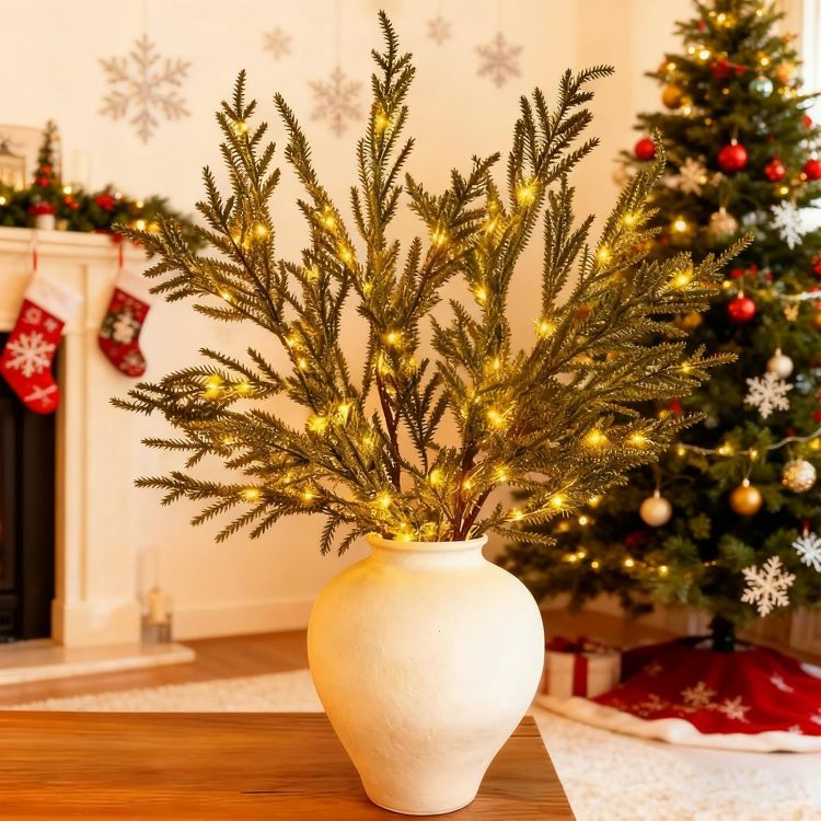 Picture of 7pcs Artificial Pine Branches, 60cm Pre-Lit Pine Stems, Christmas Real Touch Norfolk Stems,Lighted Norfolk P-ine Branches for DIY Wreaths, Vase Fillers, Indoor Outdoor Decor, Christmas Decor (7pcs)