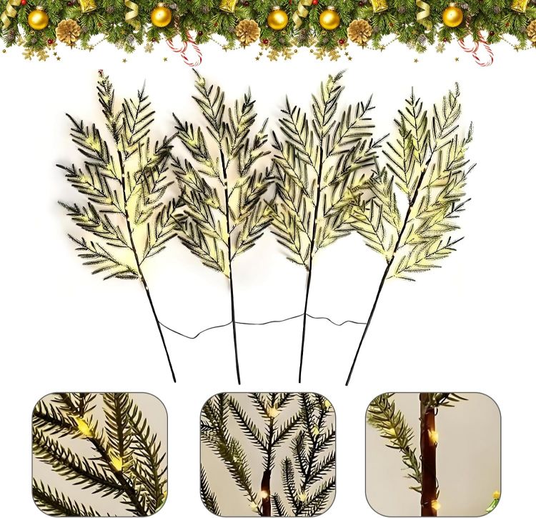 Picture of 7pcs Artificial Pine Branches, 60cm Pre-Lit Pine Stems, Christmas Real Touch Norfolk Stems,Lighted Norfolk P-ine Branches for DIY Wreaths, Vase Fillers, Indoor Outdoor Decor, Christmas Decor (7pcs)