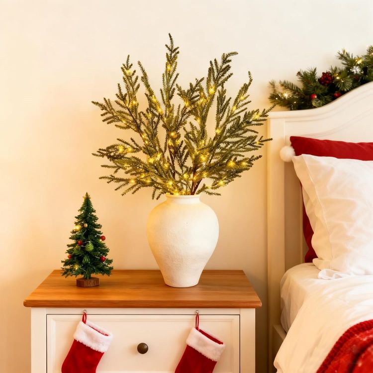 Picture of 7pcs Artificial Pine Branches, 60cm Pre-Lit Pine Stems, Christmas Real Touch Norfolk Stems,Lighted Norfolk P-ine Branches for DIY Wreaths, Vase Fillers, Indoor Outdoor Decor, Christmas Decor (7pcs)