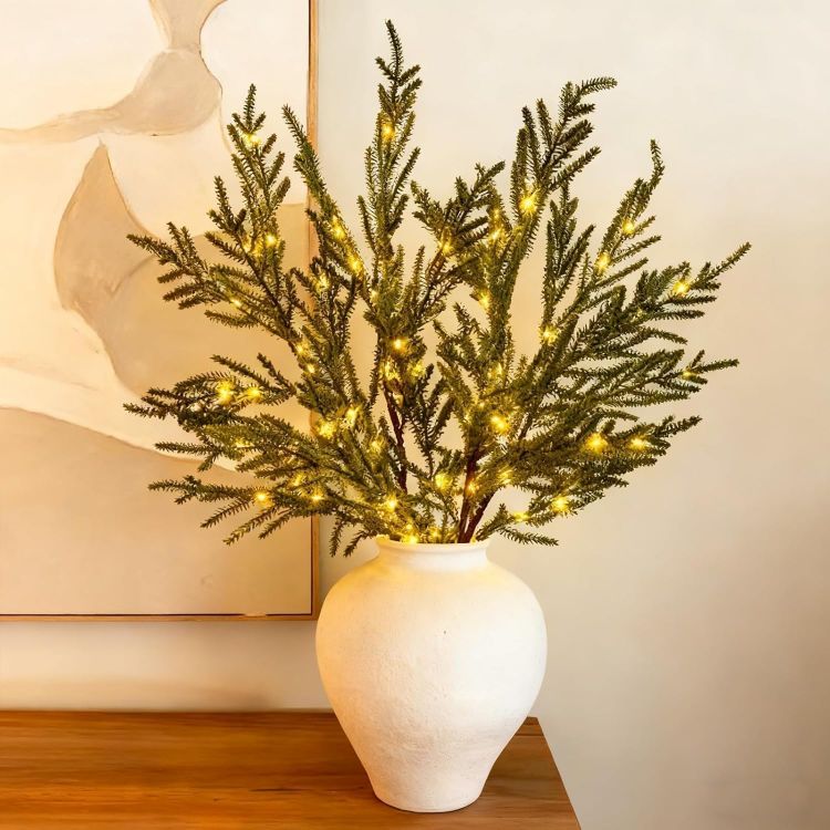 Picture of 7pcs Artificial Pine Branches, 60cm Pre-Lit Pine Stems, Christmas Real Touch Norfolk Stems,Lighted Norfolk P-ine Branches for DIY Wreaths, Vase Fillers, Indoor Outdoor Decor, Christmas Decor (7pcs)