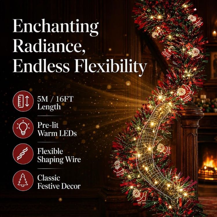 Picture of 5M/16FT Christmas Garland with Lights for Stairs Fireplace，C：5M PVC Garland​ with LED String Lights,Flexible Wire, Battery Powered​with flashing for Christmas Decorations​ Home Garden