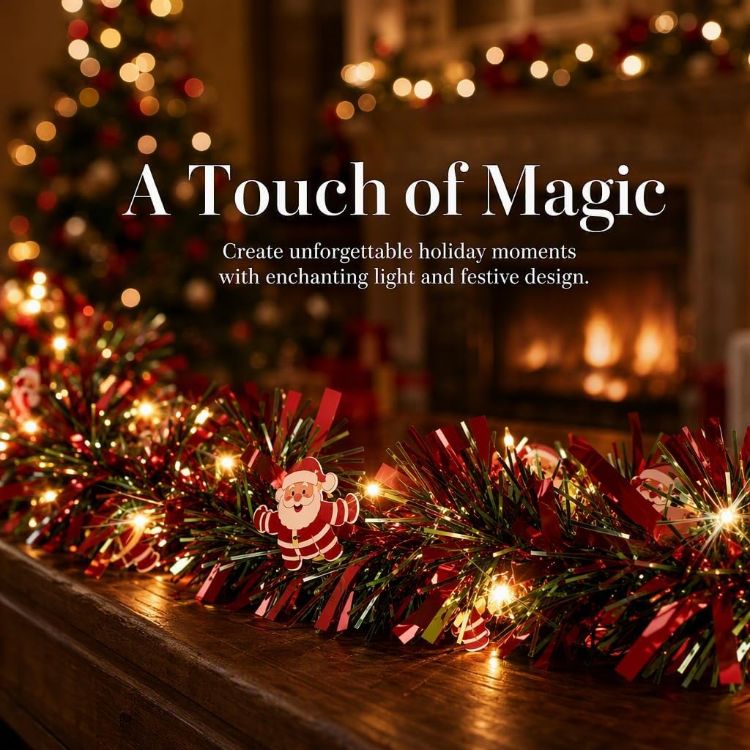 Picture of 5M/16FT Christmas Garland with Lights for Stairs Fireplace，C：5M PVC Garland​ with LED String Lights,Flexible Wire, Battery Powered​with flashing for Christmas Decorations​ Home Garden