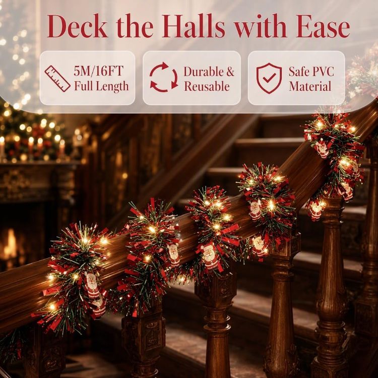 Picture of 5M/16FT Christmas Garland with Lights for Stairs Fireplace，C：5M PVC Garland​ with LED String Lights,Flexible Wire, Battery Powered​with flashing for Christmas Decorations​ Home Garden