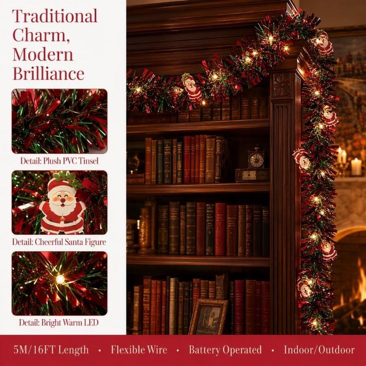 Picture of 5M/16FT Christmas Garland with Lights for Stairs Fireplace，C：5M PVC Garland​ with LED String Lights,Flexible Wire, Battery Powered​with flashing for Christmas Decorations​ Home Garden