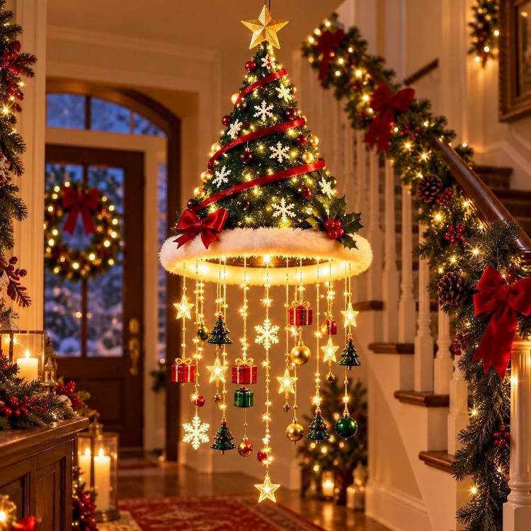 Picture of Lighted Santa Hat Hanging Chandelier,Hanging Christmas Ornaments Glowing Santa Hat Hanging Chandelier, 3 Styles Warm LED Christmas String LightIndoor Outdoor Hanging Holiday Lighting Decor