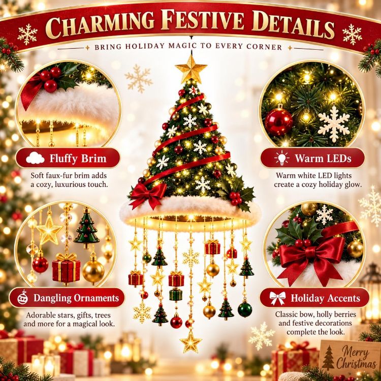 Picture of Lighted Santa Hat Hanging Chandelier,Hanging Christmas Ornaments Glowing Santa Hat Hanging Chandelier, 3 Styles Warm LED Christmas String LightIndoor Outdoor Hanging Holiday Lighting Decor