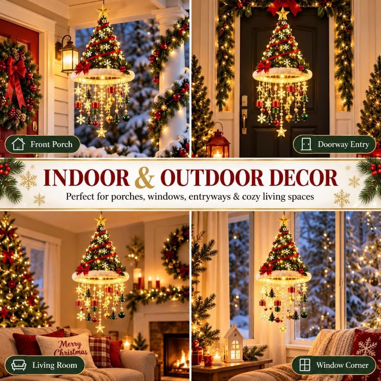 Picture of Lighted Santa Hat Hanging Chandelier,Hanging Christmas Ornaments Glowing Santa Hat Hanging Chandelier, 3 Styles Warm LED Christmas String LightIndoor Outdoor Hanging Holiday Lighting Decor