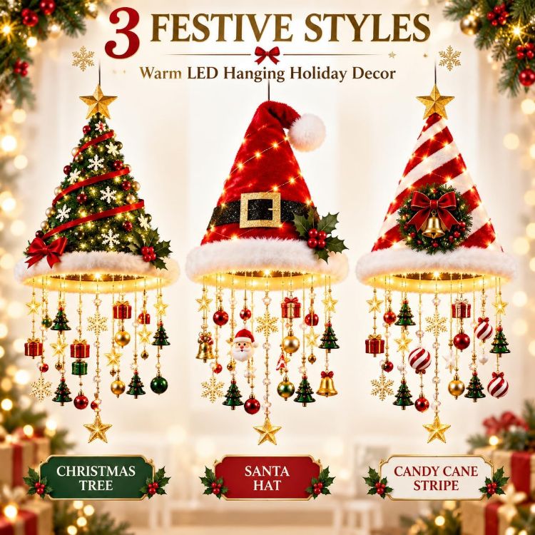 Picture of Lighted Santa Hat Hanging Chandelier,Hanging Christmas Ornaments Glowing Santa Hat Hanging Chandelier, 3 Styles Warm LED Christmas String LightIndoor Outdoor Hanging Holiday Lighting Decor