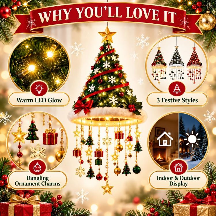 Picture of Lighted Santa Hat Hanging Chandelier,Hanging Christmas Ornaments Glowing Santa Hat Hanging Chandelier, 3 Styles Warm LED Christmas String LightIndoor Outdoor Hanging Holiday Lighting Decor