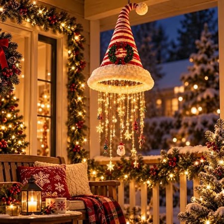 Picture of Lighted Santa Hat Hanging Chandelier,Hanging Christmas Ornaments Glowing Santa Hat Hanging Chandelier, 3 Styles Warm LED Christmas String LightIndoor Outdoor Hanging Holiday Lighting Decor