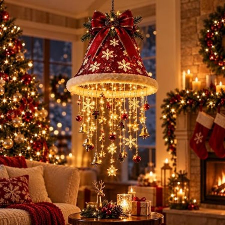 Picture of Lighted Santa Hat Hanging Chandelier,Hanging Christmas Ornaments Glowing Santa Hat Hanging Chandelier, 3 Styles Warm LED Christmas String LightIndoor Outdoor Hanging Holiday Lighting Decor