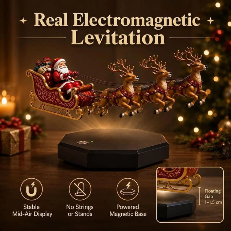 Picture of Floating Santa Sleigh, Santa's Flying Sleigh Magnetic Levitation Christmas Display, Floating Santa Claus Tabletop Decorations Reindeer Xmas Ornaments for Home, Office, Shelf & Holiday Party