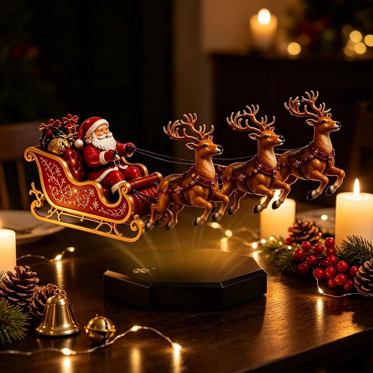 Picture of Floating Santa Sleigh, Santa's Flying Sleigh Magnetic Levitation Christmas Display, Floating Santa Claus Tabletop Decorations Reindeer Xmas Ornaments for Home, Office, Shelf & Holiday Party