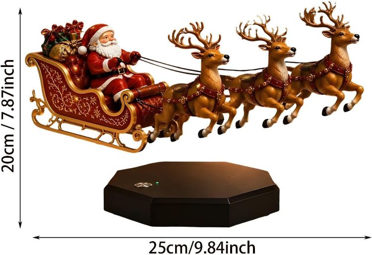 Picture of Floating Santa Sleigh, Santa's Flying Sleigh Magnetic Levitation Christmas Display, Floating Santa Claus Tabletop Decorations Reindeer Xmas Ornaments for Home, Office, Shelf & Holiday Party