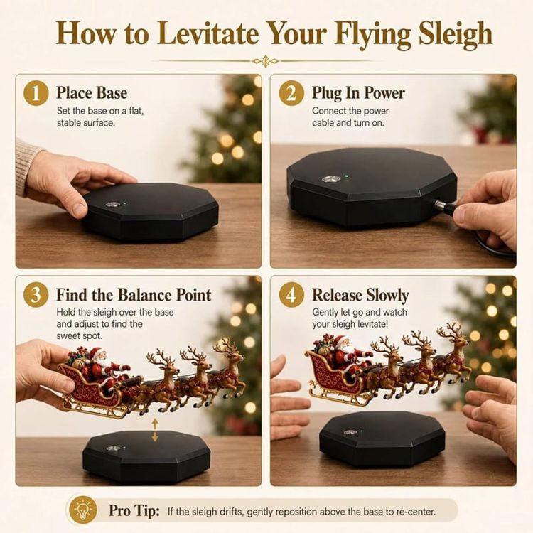 Picture of Floating Santa Sleigh, Santa's Flying Sleigh Magnetic Levitation Christmas Display, Floating Santa Claus Tabletop Decorations Reindeer Xmas Ornaments for Home, Office, Shelf & Holiday Party