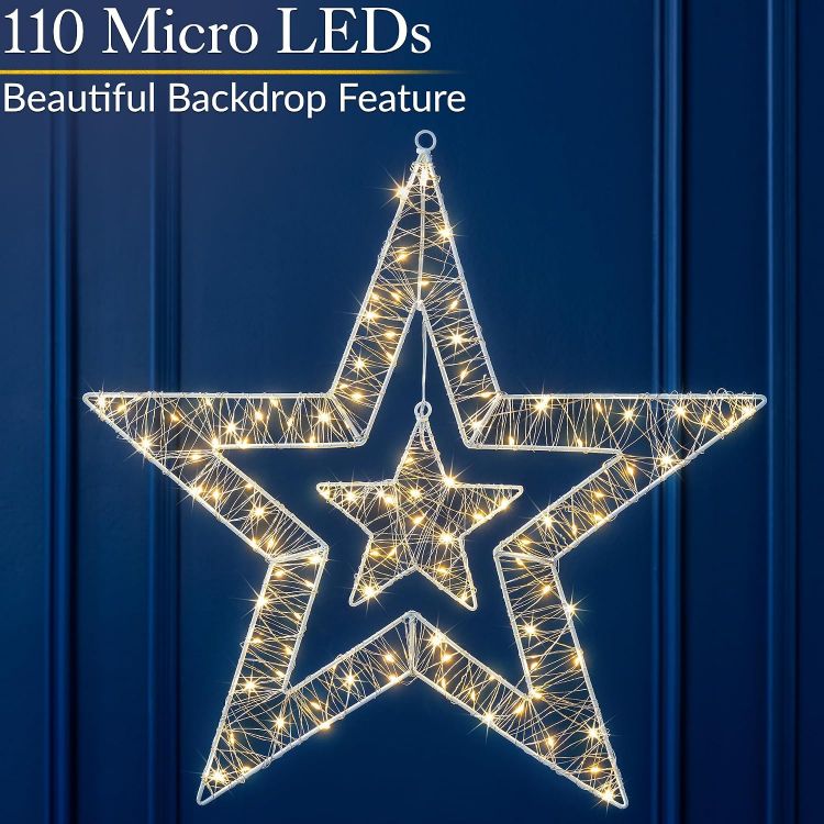 Picture of Christow Double Star Christmas Light, Warm White LEDs, 50cm Window & Wall Decoration, 110 Warm White Micro LEDs, Double Star Design, Battery Powered with Timer, Indoor & Outdoor Use