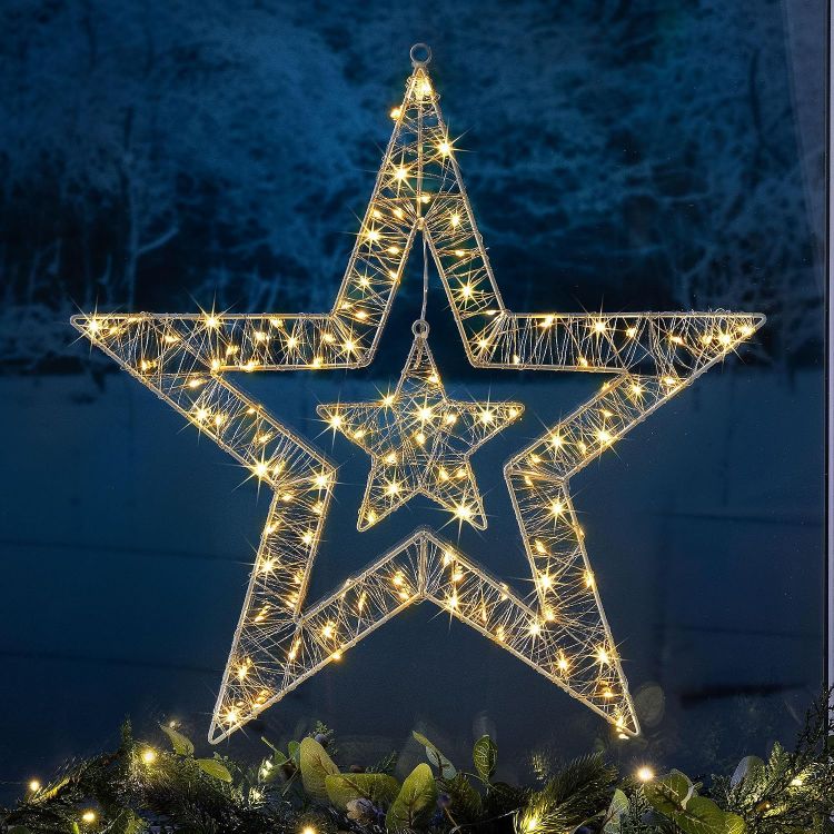 Picture of Christow Double Star Christmas Light, Warm White LEDs, 50cm Window & Wall Decoration, 110 Warm White Micro LEDs, Double Star Design, Battery Powered with Timer, Indoor & Outdoor Use