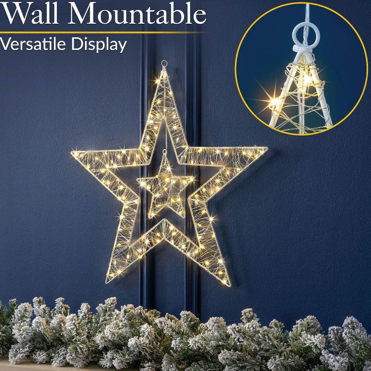 Picture of Christow Double Star Christmas Light, Warm White LEDs, 50cm Window & Wall Decoration, 110 Warm White Micro LEDs, Double Star Design, Battery Powered with Timer, Indoor & Outdoor Use