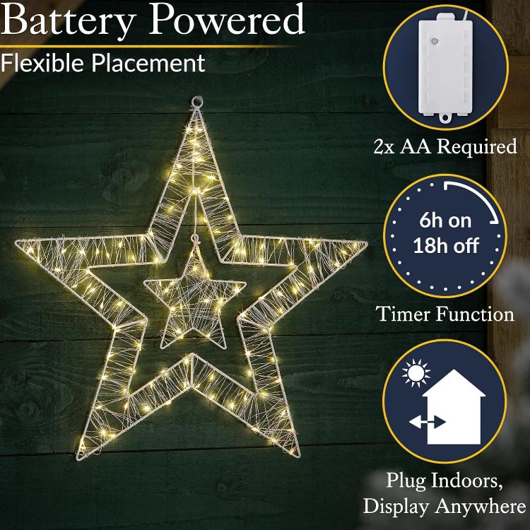 Picture of Christow Double Star Christmas Light, Warm White LEDs, 50cm Window & Wall Decoration, 110 Warm White Micro LEDs, Double Star Design, Battery Powered with Timer, Indoor & Outdoor Use