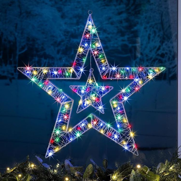 Picture of Christow Double Star Christmas Light, Warm White LEDs, 50cm Window & Wall Decoration, 110 Warm White Micro LEDs, Double Star Design, Battery Powered with Timer, Indoor & Outdoor Use
