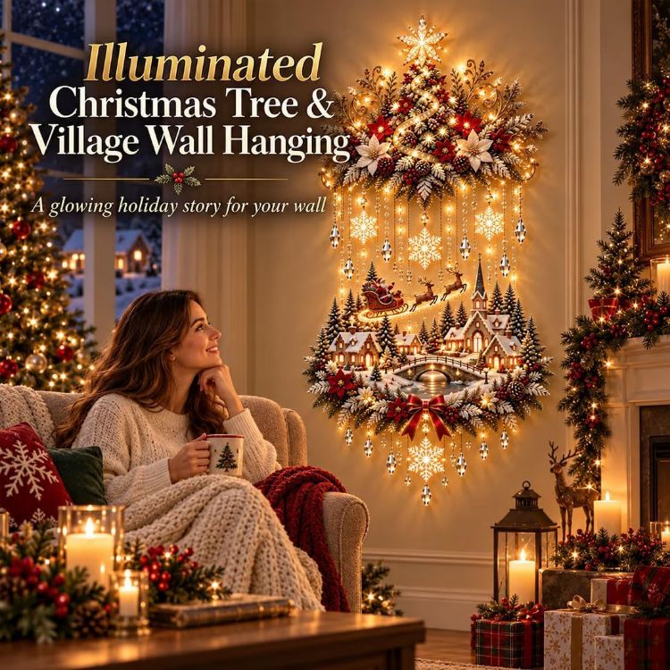 Picture of Illuminated Christmas Tree & Village Wall Hanging,Warm Light Holiday Decor Warm Light, Christmas Theme, Wall Mounted, Holiday Decoration, Indoor Decor