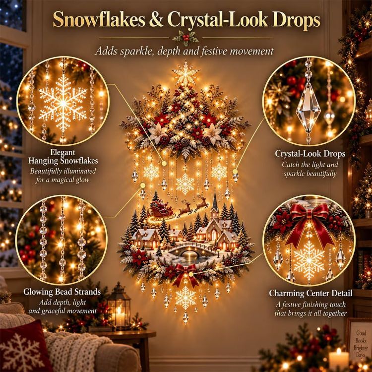 Picture of Illuminated Christmas Tree & Village Wall Hanging,Warm Light Holiday Decor Warm Light, Christmas Theme, Wall Mounted, Holiday Decoration, Indoor Decor