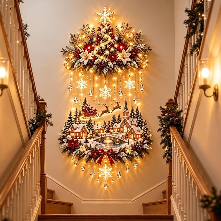 Picture of Illuminated Christmas Tree & Village Wall Hanging,Warm Light Holiday Decor Warm Light, Christmas Theme, Wall Mounted, Holiday Decoration, Indoor Decor